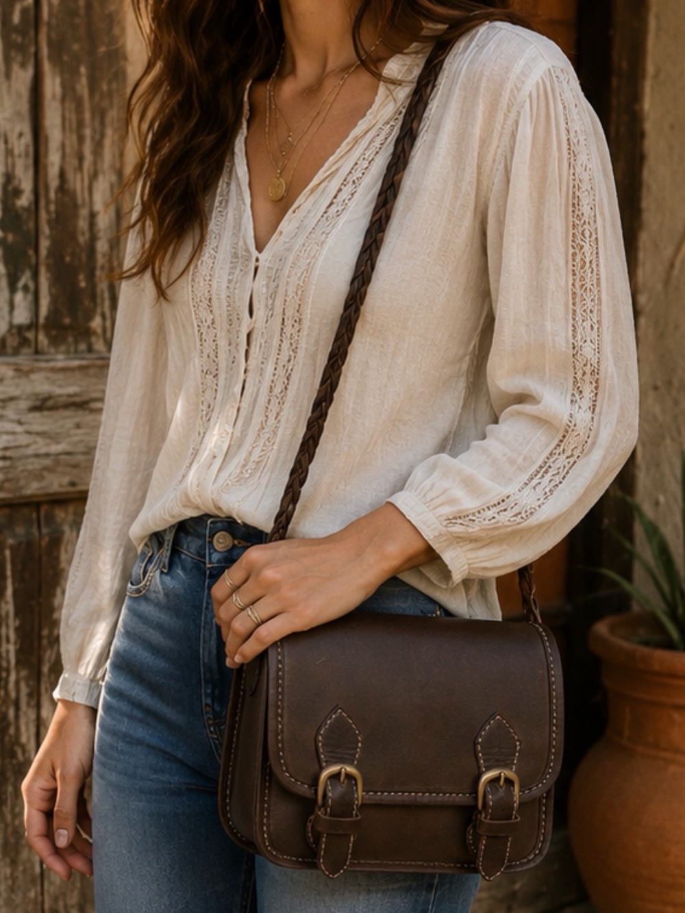 Vintage Brown Leather Crossbody Bag Boho Saddle Satchel Braided Strap‎